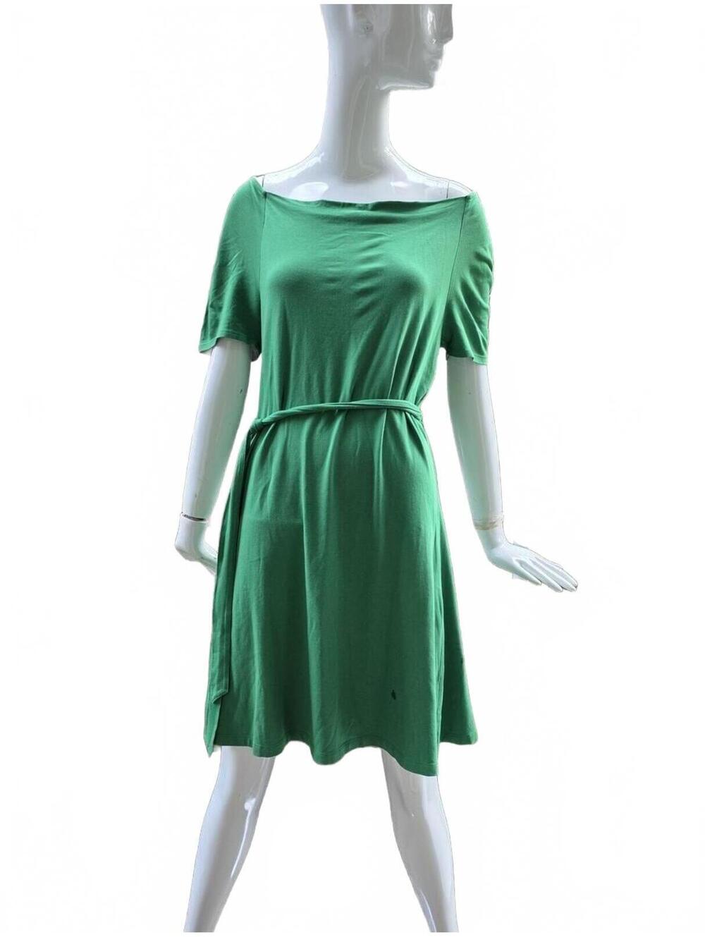 Lands' End Kelly Green Jersey Knit Belted Short Sleeve Dress Small